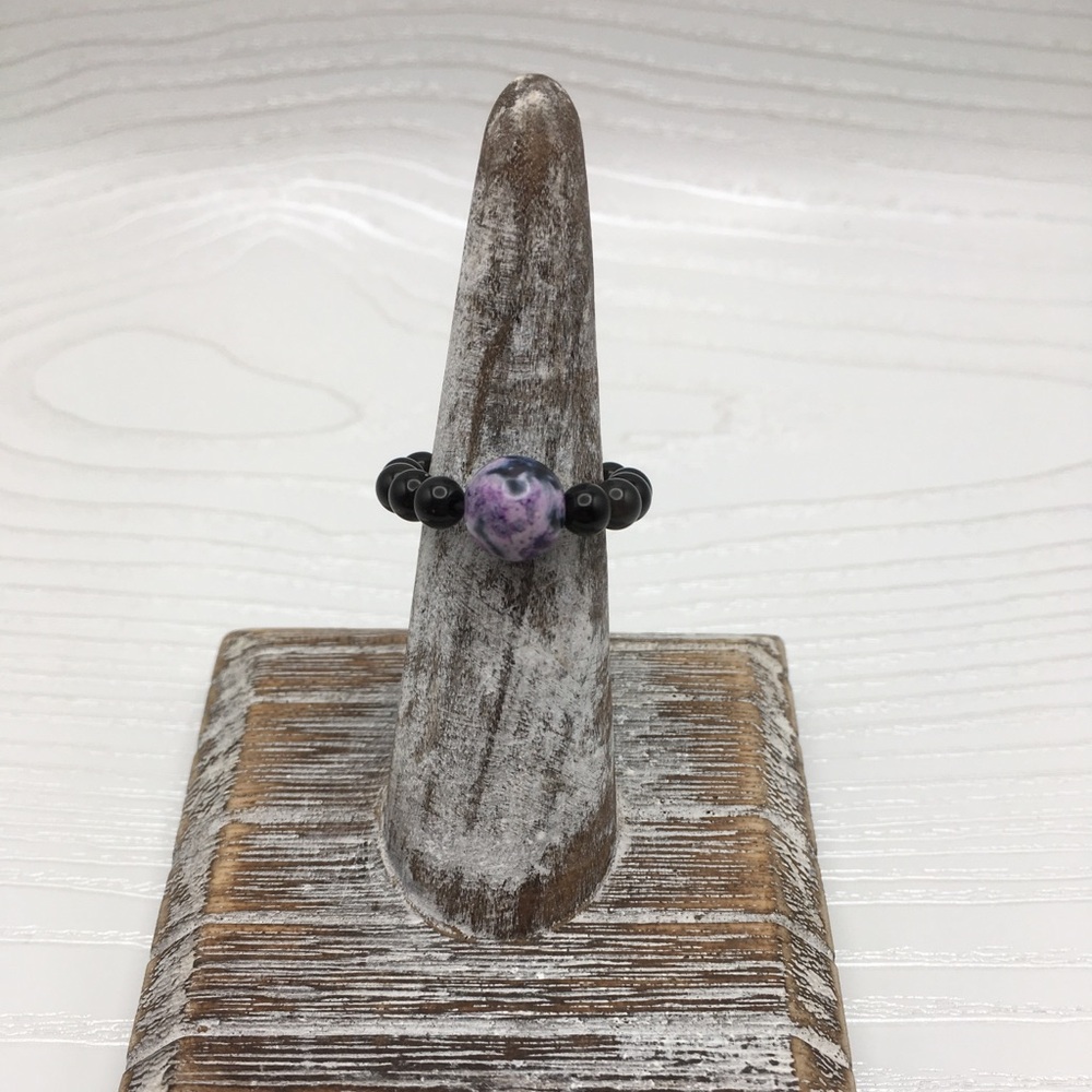 HANDCRAFTED Obsidian & Purple Fire Agate Stretch Bead Ring